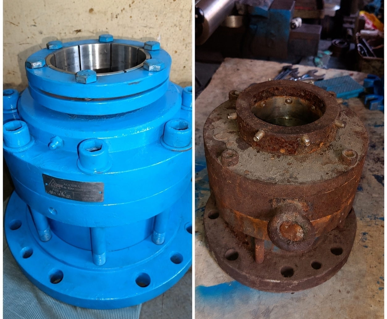 Before and after collage of a 100 MM Double Seal refurbishment showing the restoration process from a rusted mechanical seal to a fully refurbished industrial double seal.