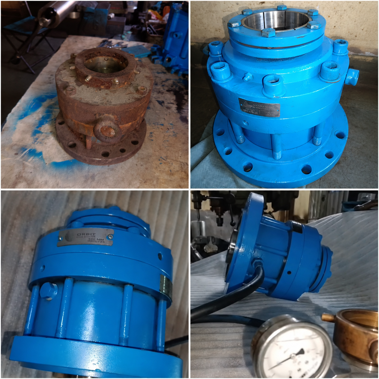 Before and after collage of a 100 MM Double Seal refurbishment showing the restoration process from a rusted mechanical seal to a fully refurbished industrial double seal.